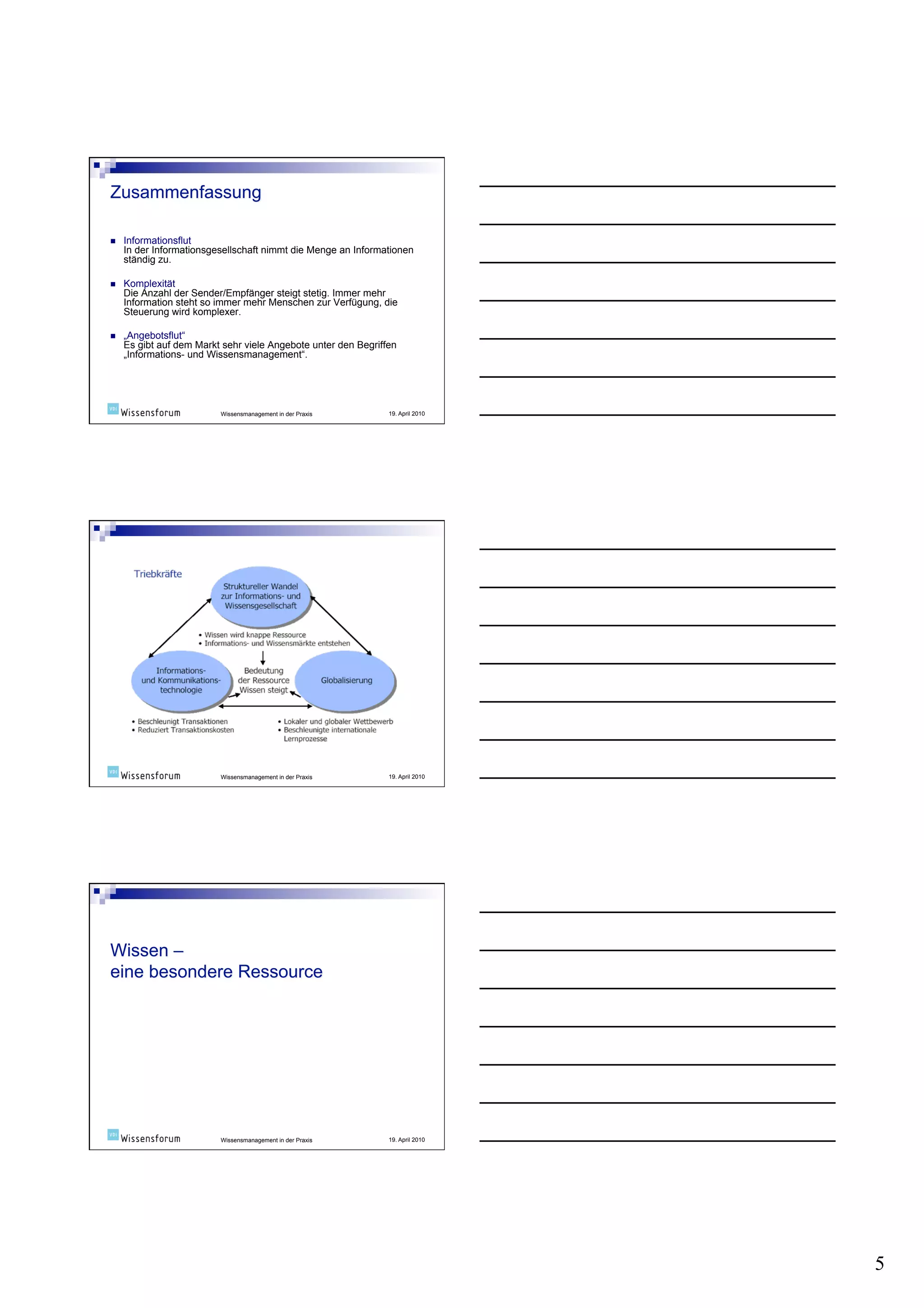    Informationsflut
     In der Informationsgesellschaft nimmt die Menge an Informationen
     ständig zu.

    Komplexität
     Die Anzahl der Sender/Empfänger steigt stetig. Immer mehr
     Information steht so immer mehr Menschen zur Verfügung, die
     Steuerung wird komplexer.

    „Angebotsflut“
     Es gibt auf dem Markt sehr viele Angebote unter den Begriffen
     „Informations- und Wissensmanagement“.




                          Wissensmanagement in der Praxis       19. April 2010




                          Wissensmanagement in der Praxis       19. April 2010




                          Wissensmanagement in der Praxis       19. April 2010




                                                                                 5
 