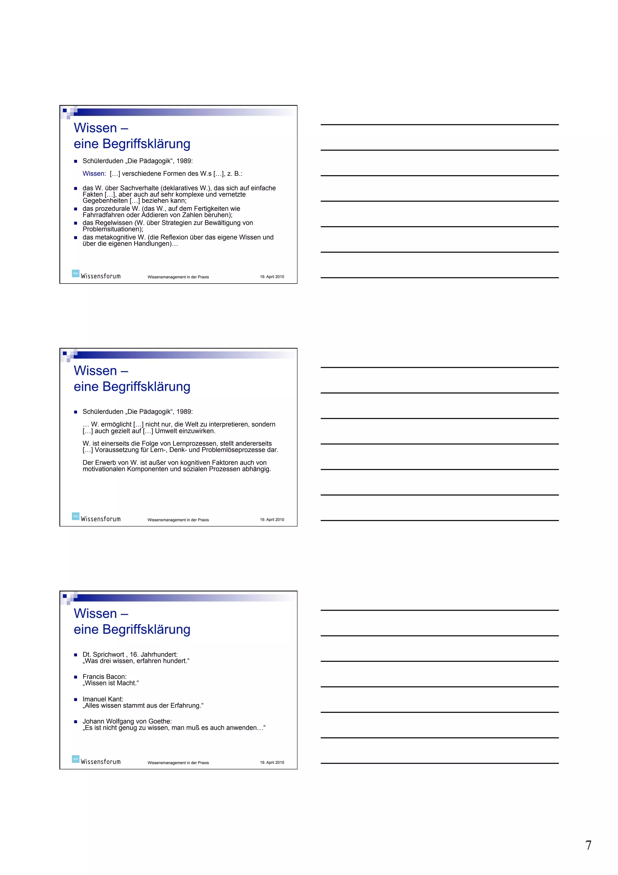     Schülerduden „Die Pädagogik“, 1989:
     Wissen: […] verschiedene Formen des W.s […], z. B.:

    das W. über Sachverhalte (deklaratives W.), das sich auf einfache
     Fakten […], aber auch auf sehr komplexe und vernetzte
     Gegebenheiten […] beziehen kann;
    das prozedurale W. (das W., auf dem Fertigkeiten wie
     Fahrradfahren oder Addieren von Zahlen beruhen);
    das Regelwissen (W. über Strategien zur Bewältigung von
     Problemsituationen);
    das metakognitive W. (die Reflexion über das eigene Wissen und
     über die eigenen Handlungen)…



                           Wissensmanagement in der Praxis       19. April 2010




    Schülerduden „Die Pädagogik“, 1989:
     … W. ermöglicht […] nicht nur, die Welt zu interpretieren, sondern
     […] auch gezielt auf […] Umwelt einzuwirken.
     W. ist einerseits die Folge von Lernprozessen, stellt andererseits
     […] Voraussetzung für Lern-, Denk- und Problemlöseprozesse dar.
     Der Erwerb von W. ist außer von kognitiven Faktoren auch von
     motivationalen Komponenten und sozialen Prozessen abhängig.




                           Wissensmanagement in der Praxis       19. April 2010




    Dt. Sprichwort , 16. Jahrhundert:
     „Was drei wissen, erfahren hundert.“

    Francis Bacon:
     „Wissen ist Macht.“

    Imanuel Kant:
     „Alles wissen stammt aus der Erfahrung.“

    Johann Wolfgang von Goethe:
     „Es ist nicht genug zu wissen, man muß es auch anwenden…“




                           Wissensmanagement in der Praxis       19. April 2010




                                                                                  7
 
