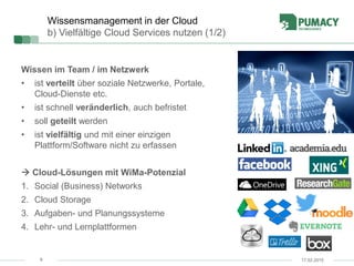 9
Wissensmanagement in der Cloud
b) Vielfältige Cloud Services nutzen (1/2)
Wissen im Team / im Netzwerk
• ist verteilt über soziale Netzwerke, Portale,
Cloud-Dienste etc.
• ist schnell veränderlich, auch befristet
• soll geteilt werden
• ist vielfältig und mit einer einzigen
Plattform/Software nicht zu erfassen
 Cloud-Lösungen mit WiMa-Potenzial
1. Social (Business) Networks
2. Cloud Storage
3. Aufgaben- und Planungssysteme
4. Lehr- und Lernplattformen
17.02.2015
 
