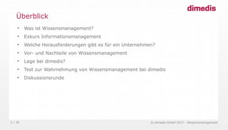 © dimedis GmbH 2017 - Wissensmanagement2 / 36

Was ist Wissensmanagement?

Exkurs Informationsmanagement

Welche Herausforderungen gibt es für ein Unternehmen?

Vor- und Nachteile von Wissensmanagement

Lage bei dimedis?

Test zur Wahrnehmung von Wissensmanagement bei dimedis

Diskussionsrunde
Überblick
 