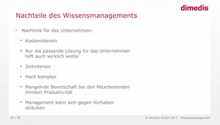© dimedis GmbH 2017 - Wissensmanagement29 / 36

Nachteile für das Unternehmen:

Kostenintensiv

Nur die passende Lösung für das Unternehmen
hilft auch wirklich weiter

Zeitintensiv

Hoch komplex

Mangelnde Bereitschaft bei den Mitarbeitenden
mindert Produktivität

Management kann sich gegen Vorhaben
sträuben
Nachteile des Wissensmanagements
 