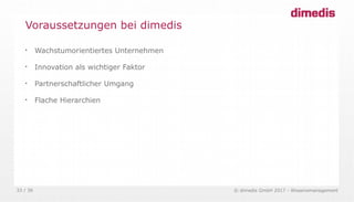 © dimedis GmbH 2017 - Wissensmanagement33 / 36

Wachstumorientiertes Unternehmen

Innovation als wichtiger Faktor

Partnerschaftlicher Umgang

Flache Hierarchien
Voraussetzungen bei dimedis
 