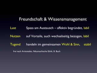 Freundschaft & Wissensmanagement
Lust Spass am Austausch – affektiv begründet, labil
Nutzen auf Vorteile, auch wechselseitig bezogen, labil
Tugend handeln im gemeinsamen Wohl & Sinn, stabil
frei nach Aristoteles, Nikomachische Ethik, 8. Buch
 