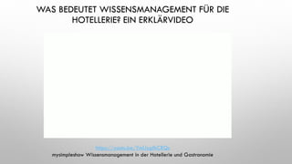WAS BEDEUTET WISSENSMANAGEMENT FÜR DIE
HOTELLERIE? EIN ERKLÄRVIDEO
https://youtu.be/YmUxgfkCRQs
mysimpleshow Wissensmanagement in der Hotellerie und Gastronomie
 