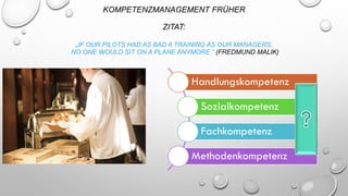 KOMPETENZMANAGEMENT FRÜHER
ZITAT:
„IF OUR PILOTS HAD AS BAD A TRAINING AS OUR MANAGERS,
NO ONE WOULD SIT ON A PLANE ANYMORE.” (FREDMUND MALIK)
Handlungskompetenz
Sozialkompetenz
Fachkompetenz
Methodenkompetenz
 
