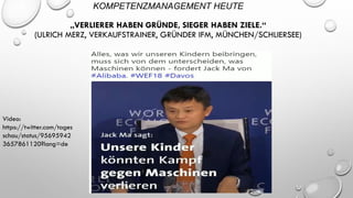 KOMPETENZMANAGEMENT HEUTE
„VERLIERER HABEN GRÜNDE, SIEGER HABEN ZIELE.“
(ULRICH MERZ, VERKAUFSTRAINER, GRÜNDER IFM, MÜNCHEN/SCHLIERSEE)
Video:
https://twitter.com/tages
schau/status/95695942
3657861120?lang=de
 