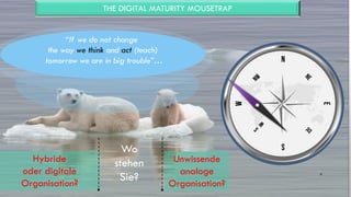 THE DIGITAL MATURITY MOUSETRAP
9
N
S
W
E
“If we do not change
the way we think and act (teach)
tomorrow we are in big trouble”…
Hybride
oder digitale
Organisation?
Unwissende
analoge
Organisation?
Wo
stehen
Sie?
 