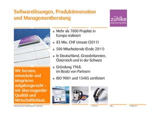 Softwarelösungen, Produktinnovation
und Managementberatung

                                                       •   Mehr als 7000 Projekte in
                                                           Europa realisiert
                                                       •   83 Mio. CHF Umsatz (2011)
                                                       •   500 Mitarbeitende (Ende 2011)
                                                       •   In Deutschland, Grossbritannien,
                                                           Österreich und in der Schweiz
                                                       •   Gründung 1968,
 Wir beraten,                                              im Besitz von Partnern
 entwickeln und
                                                       •   ISO 9001 und 13485 zertifiziert
 integrieren
 aufgabengerecht –
 mit überzeugender
 Qualität und
 Wirtschaftlichkeit.
Wissensorientiertes Projektmanagement | Jörg Dirbach                                11. Mai 2012   Folie 3   © Zühlke 2012
 