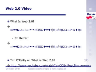 Web 2.0 Video What Is Web 2.0?  http://www.youtube.com/watch?v=9JPcno2cJgc   Im Remix:  http://www.youtube.com/watch?v=LcIDhJsOl0A   Tim O'Reilly on What is Web 2.0?    http://www.youtube.com/watch?v=CQibri7gpLM   