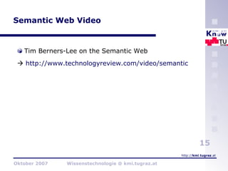 Semantic Web Video Tim Berners-Lee on the Semantic Web    http://www.technologyreview.com/video/semantic   