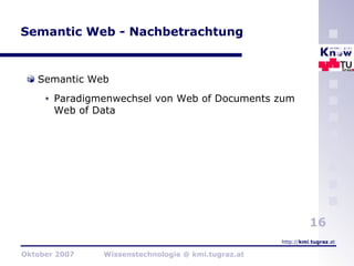 Semantic Web - Nachbetrachtung Semantic Web Paradigmenwechsel von Web of Documents zum Web of Data 