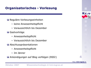 Organisatorisches - Vorlesung Reguläre Vorlesungseinheiten keine Anwesenheitspflicht Voraussichtlich bis Dezember Gastvorträge Anwesenheitspflicht Voraussichtlich bis Dezember Abschlusspräsentationen Anwesenheitspflicht Im Jänner Ankündigungen auf Blog verfolgen (RSS!) 