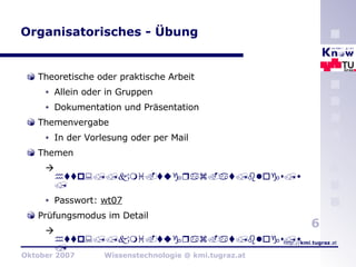 Organisatorisches - Übung Theoretische oder praktische Arbeit Allein oder in Gruppen Dokumentation und  Präsentation Themenvergabe In der Vorlesung oder per Mail Themen  http://kmi.tugraz.at/blogs/wissenstechnologie/ubungsthemen /   Passwort:  wt07 Prüfungsmodus im Detail  http://kmi.tugraz.at/blogs/wissenstechnologie/prufungsmodus /   
