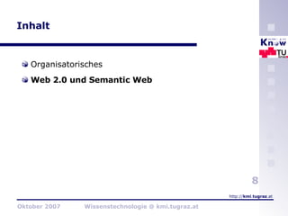 Inhalt Organisatorisches Web 2.0 und Semantic Web 