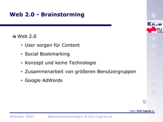Web 2.0 - Brainstorming Web 2.0 User sorgen für Content Social Bookmarking Konzept und keine Technologie Zusammenarbeit von größeren Benutzergruppen Google AdWords 