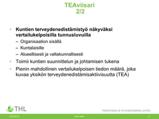 TEAviisari
                                  2/2

• Kuntien terveydenedistämistyö näkyväksi
  vertailukelpoisilla tunnusluvuilla
     – Organisaation sisällä
     – Kuntalaisille
     – Alueellisesti ja valtakunnallisesti
• Toimii kuntien suunnittelun ja johtamisen tukena
• Pienin mahdollinen vertailukelpoisen tiedon määrä, joka
  kuvaa yksikön terveydenedistämisaktiivisuutta (TEA)




25.9.2012                            Kirsi Wiss             4
 