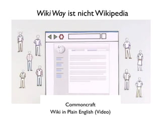 Wiki Way ist nicht Wikipedia




             wiki




           Commoncraft
    Wiki in Plain English (Video)
 