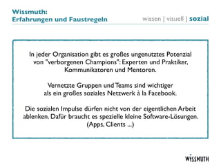Wissmuth:
Erfahrungen und Faustregeln                  wissen | visuell | sozial




     In jeder Organisation gibt es großes ungenutztes Potenzial
       von "verborgenen Champions": Experten und Praktiker,
                 Kommunikatoren und Mentoren.

           Vernetzte Gruppen und Teams sind wichtiger
          als ein großes soziales Netzwerk à la Facebook.

    Die sozialen Impulse dürfen nicht von der eigentlichen Arbeit
   ablenken. Dafür braucht es spezielle kleine Software-Lösungen.
                          (Apps, Clients ...)
 