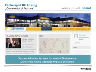Fallbeispiel III: Lösung
„Community of Practice“                      wissen | visuell | sozial




         Netzwerk-Medien festigen das soziale Bindegewebe.
          Damit viele kleine lebendige Impulse entstehen.
 