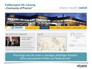 Fallbeispiel III: Lösung
„Community of Practice“                        wissen | visuell | sozial




      Wie bringt man die Leute in ständigen, beiläuﬁgen Kontakt?
           Ohne zeitraubende E-Mails und Telefonanrufe?
 