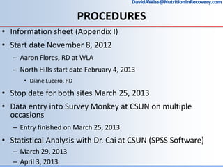 PROCEDURES
• Information sheet (Appendix I)
• Start date November 8, 2012
– Aaron Flores, RD at WLA
– North Hills start da...