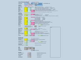 Crop Enterprise Budget
Crop year:

Copyright Richard Wiswall 2009

Crop:

Unit area: Two 350' beds
Bed feet or acre: 700' or 1/10A
Rows/bed&plant spacing: 2 rows/bed, 12" transplant spacing
Broccoli

Note: 20 350' beds= 1 acre

and specify: early, mid, late

Today's Date:

Costs in $:

Remember to Prorate to unit area
$
$
$

Field:

Prepare Soil:

Labor cost

NOTES: Labor at $12.55/hr. See Worksheet 1

Disk 1x
Chisel 1x
Rototill 1x,2x
Bedform 2x
Fertilizer
Manure, Compost
Other
Plastic mulch

1.26
2.51

Machinery cost Product cost

0.73
0.74

Figures below are for Two 350' beds

1A at a time: 1 hr total for 20 beds = 6 min/2 beds; $.1.26L, $..63+.10=.73M

w/ JD, See Worksheet 4

.5A at a time:1hr total for 10 beds = 12 min/2 beds; $2.51L, $..64+.10=.74M

w/ Ford 4000

.5A at a time: 2 hr total for 10 beds = 24 min/2beds; $5.02L, $1.28 tractor + .52 tiller = $1.80M

5.02
1.26
2.52

w/ Ford 4000

.5A at a time: 1 hr total for 10 beds = 12 min/2beds; $2.51L, $.64+.10=.74M for ONE pass

1.48
0.68
1.02

w/ Ford 4000

10.00 4-3-3 500#/A at a time: I hour total for 20 beds = 6 min per 2 beds; $.1.26L, $.63+.05=.68M, $10Pr, w/ JD
25.00 1A at a time:Compost at $25/yd, 10yds/A: 2 hr total for 20 beds = 12 min per 2 beds: $2.51L, 1.26+ .75 = $2.01M, $25Pr, w/ JD
.5A at a time: 1.5hr/A laying= 10 min per 2 beds; $2.09L, $.53+.17=.70M, $20Pr, w/ Ford 4000

Seed/TPlant:
Seeding in field
Cost of transplants
Transplanting labor

2 beds at a time: 30 min/2beds total= $6.28L

84.00 $6.49/128= .06/plant
25.23

1400 plants at $.06

3 row by hand: 3hr/2beds total; $37.65L

only rows/bed

2 row w/ transplanter: 6 beds at a time; 1 hr prep plants, 1.5hrx3 people TP, 2hr machinery; for 2 beds $22.78L, 2.11+.66=$2.77M

Cultivation:
Reemay on/off
Hoeing 1x,2x, 3x
Handweeding 1
Handweeding 2
Handweeding 3
Straw mulch
Irrigating 1x
Tractor cult. 6x
Sidedressing
Spraying
Flame weeding
Other
Subtotals

Harvest:

For 2 beds: $105/3 uses=35$Pr, .75 hr laying: $9.41L

12.55
25.10

at 12.55/hr: average 1hr/2beds

$12.55/2 beds

at 12.55/hr: average 8hr/2beds

$100.40/2beds

at 12.55/hr: average 4hr/2beds

$50.20/2beds

at 12.55/hr: average 2hr/2beds

$25.10/2beds

40 bales at $3, 1hr/2beds; $12.55L, $120.00Pr

7.53
7.56

8.37
3.48

2.51

0.74

93.05

17.24

$7.53L, $8.37M per 2 beds, each use, w/ JD
1A at a time: 1 hour/A = 6 min/2beds; $1.26L, $.53+.05=.58M per pass, w/ Cub mostly
Spin 500# 4-3-3/A, 1 hr total/20 beds= 6min/2beds; $.1.26L,$.32+.05=.37M, $10Pr, w/ Ford 4000

6.00 1 hr/.5A total time= 12 min/2beds; $2.51L, $.64+.10=$.74M, $6Pr, w/ Ford 4000
10 beds/hr = 12 min/2beds; $2.51L, $.64+.10=.74M, $6Pr, w/ Ford 4000

125.00

Total yield for two 350' beds =
Total hours to harvest two 350' beds

=

235.29 Pre-harvest costs for two beds

36 cs
6 hr

season ave: 500 bunches, 14 count case

at 12.55/hr

6 hr

at 12.55/hr

12 case/hour packing

6 case/hour

NOTES:
Field to packhouse
Packhouse to cooler
Bags, boxes, labels

75.30
37.65

Delivery

30.12

9.60

See Worksheet 1

2.09

0.70

6 beds at a time: 10 min/2beds; $2.09L, .53+.17 = $.70M, w/ Ford 4000

1.26
1.26

0.73
0.68

8.00 1A at a time: 1 hr/20 beds = 6min/2beds; $1.26L, $.63+.05=.68M, $8Pr, w/ JD

19.44 .25/bag, 1.00/box, .07/label

1.07 per box/ 2 uses

Post Harvest:
Mow crop
Remove mulch
Disking
Sow cover crop: spinner
Sow cover crop: Brillion
Other
Subtotals:

1 hour /2beds: $12.55L
$1.26L, $.63+.10=.73M w/ JD, see disking above.
1A at a time: 2 hr/20 beds = 12 min/2beds; $2.51L, 1.26+.20=$1.46M, 8Pr, w/ JD

240.73

28.95

152.44

=

422.12 Harvested cost for 2 beds

Marketing costs:
Labor: sales calls for
season(for this crop only)
Commissions
Farmers Mkt expense

ave. 10 min/week for 3 weeks: .5 hr

60.24

4.70

Total Crop costs:

307.25

33.65

Overhead costs:

288.00

Apportionment for two 350' beds. See Worksheet 1

790.34

Total costs per two 350' beds

6.28
Commissions, if any, to growers' coop, broker or salesperson
9.00 See Worksheet 1
161.44

=

502.34 Total Crop costs

Total Costs
Total costs & Overhead:

Sales:
Retail:
Wholesale:

Other:
Total units

Total sales:

# of units
price per unit Total $
12.00
31.50
378.00
24.00
22.00
528.00
0.00
36.00
906.00 For two 350' beds

Net Profit:
Total sales- total costs=

Net Profit/Acre:
Cost/unit:
Net profit/unit:

115.66
1156.60

Net profit for two 350' beds (1/10 acre)
Standardize to one acre

21.95

Total cost/total units

3.21

Net profit/total units

 
