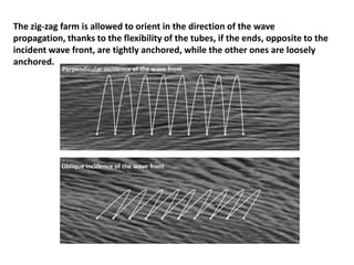 The zig-zag farm is allowed to orient in the direction of the wave
propagation, thanks to the flexibility of the tubes, if the ends, opposite to the
incident wave front, are tightly anchored, while the other ones are loosely
anchored.
 
