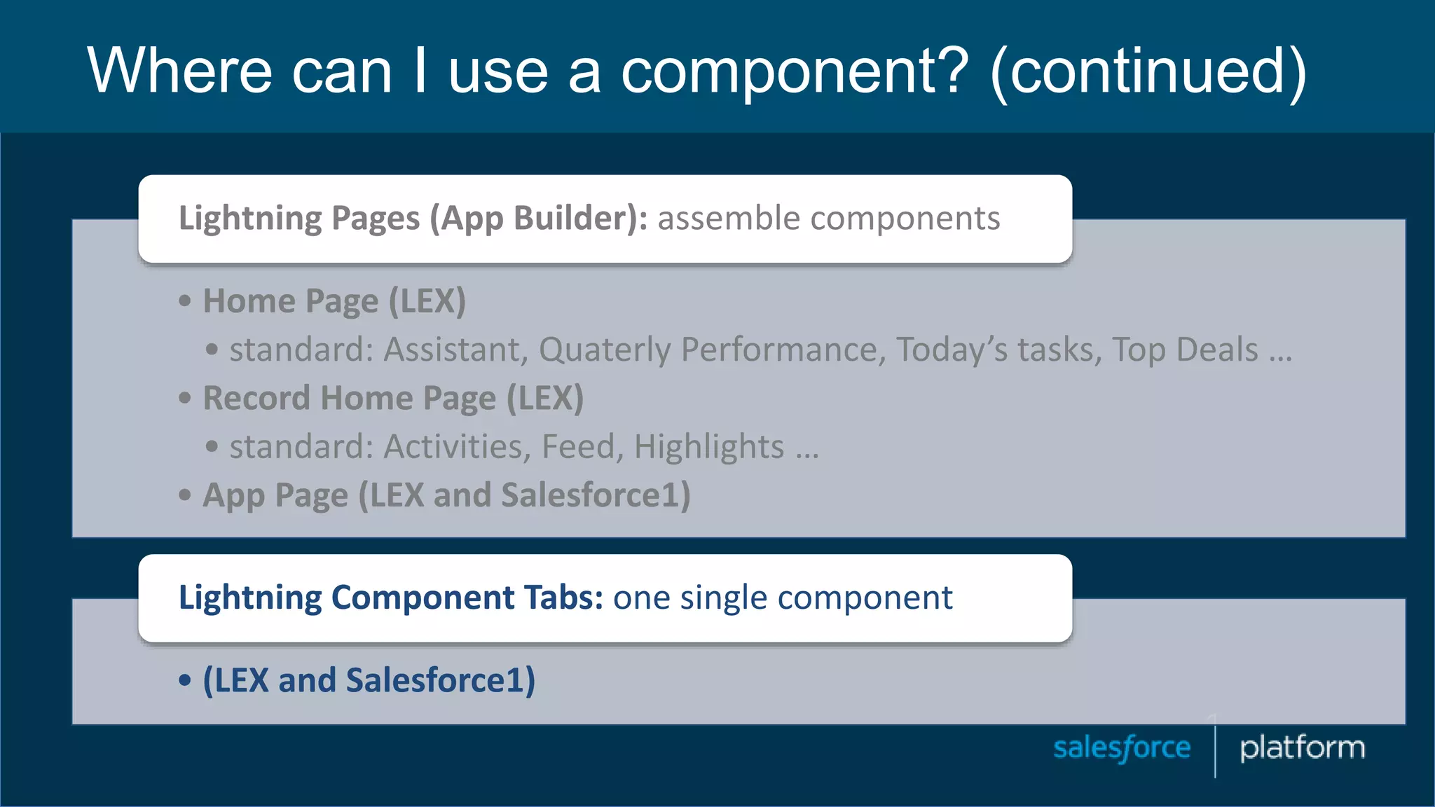 Where can I use a component? (continued)
• Home Page (LEX)
• standard: Assistant, Quaterly Performance, Today’s tasks, Top Deals …
• Record Home Page (LEX)
• standard: Activities, Feed, Highlights …
• App Page (LEX and Salesforce1)
Lightning Pages (App Builder): assemble components
• (LEX and Salesforce1)
Lightning Component Tabs: one single component
 