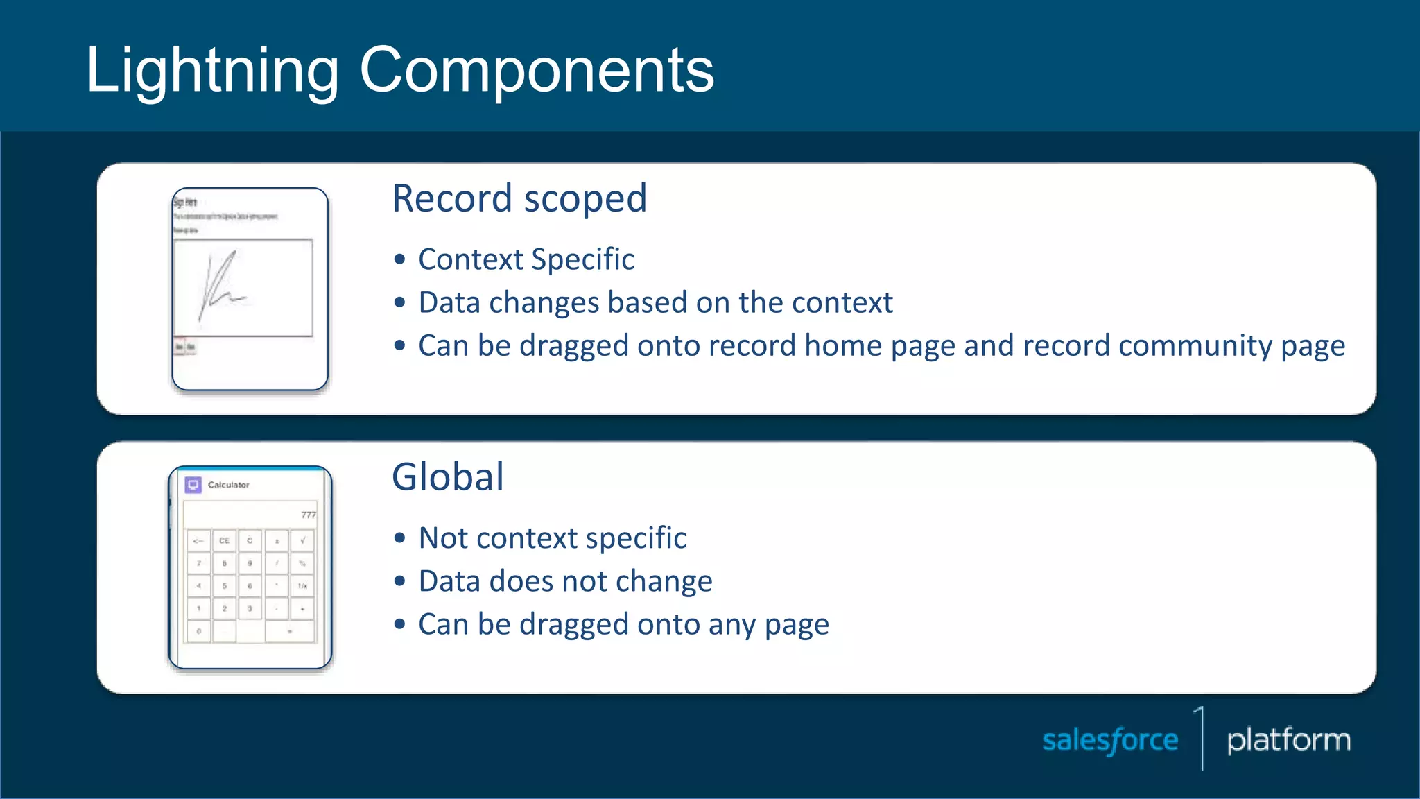 Lightning Components
Record scoped
• Context Specific
• Data changes based on the context
• Can be dragged onto record home page and record community page
Global
• Not context specific
• Data does not change
• Can be dragged onto any page
 