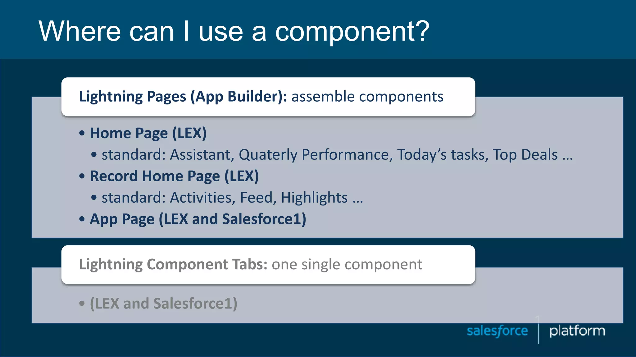 Where can I use a component?
• Home Page (LEX)
• standard: Assistant, Quaterly Performance, Today’s tasks, Top Deals …
• Record Home Page (LEX)
• standard: Activities, Feed, Highlights …
• App Page (LEX and Salesforce1)
Lightning Pages (App Builder): assemble components
• (LEX and Salesforce1)
Lightning Component Tabs: one single component
 
