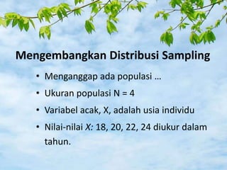 • Menganggap ada populasi …
• Ukuran populasi N = 4
• Variabel acak, X, adalah usia individu
• Nilai-nilai X: 18, 20, 22, 24 diukur dalam
tahun.
Mengembangkan Distribusi Sampling
 