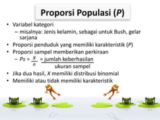 Proporsi Populasi (P)
• Variabel kategori
– misalnya: Jenis kelamin, sebagai untuk Bush, gelar
sarjana
• Proporsi penduduk yang memiliki karakteristik (P)
• Proporsi sampel memberikan perkiraan
– P𝑠 = = jumlah keberhasilan
ukuran sampel
• Jika dua hasil, X memiliki distribusi binomial
• Memiliki atau tidak memiliki karakteristik
X
n
 