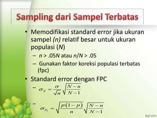 • Memodifikasi standard error jika ukuran
sampel (n) relatif besar untuk ukuran
populasi (N)
– n > .05N atau n/N > .05
– Gunakan faktor koreksi populasi terbatas
(fpc)
• Standard error dengan FPC
–
–
1X
N n
Nn
s
s



 1
1SP
p p N n
n N
s
 


 