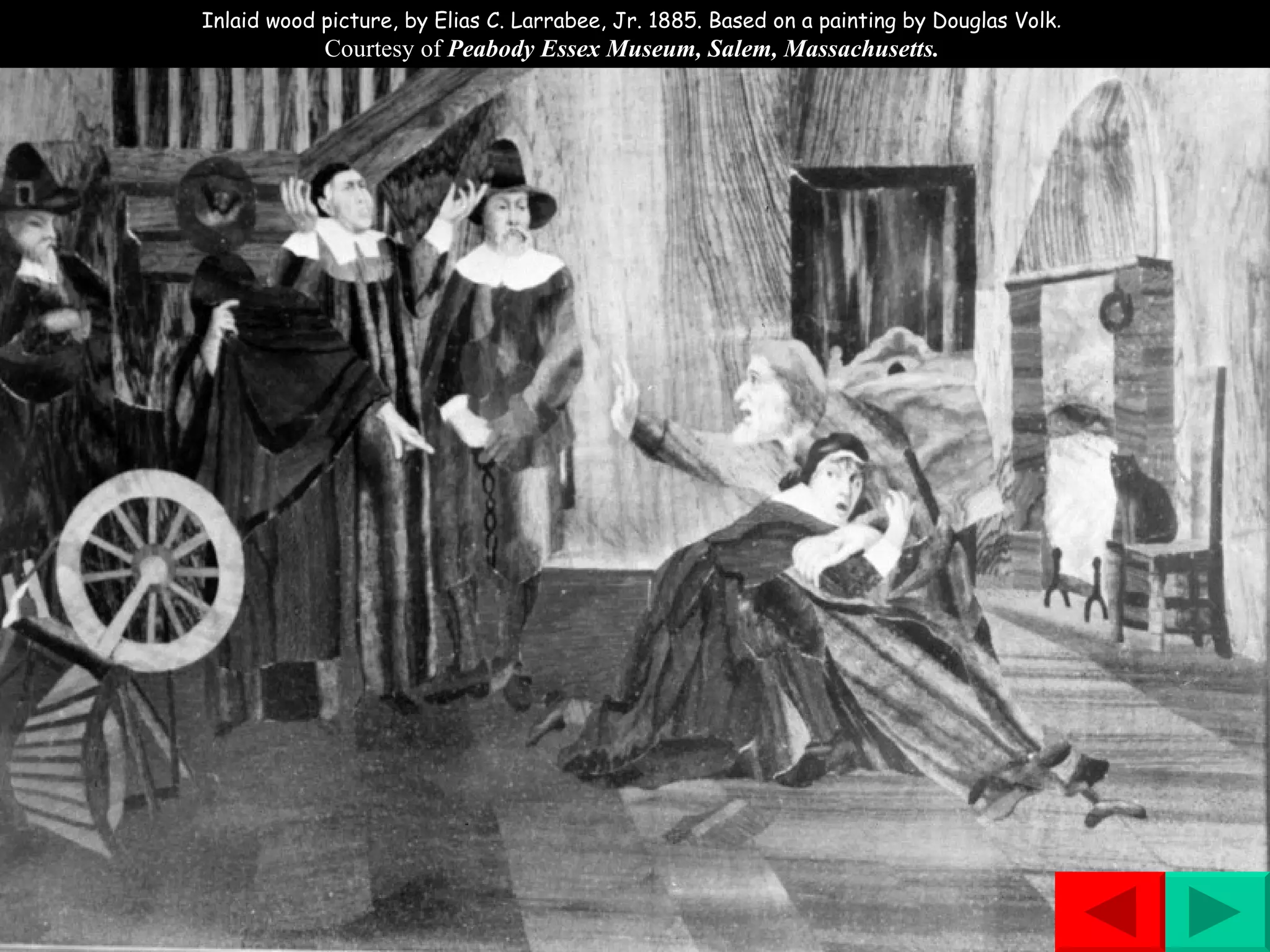 Inlaid wood picture, by Elias C. Larrabee, Jr. 1885. Based on a painting by Douglas Volk .  Courtesy of  Peabody Essex Museum, Salem, Massachusetts.  