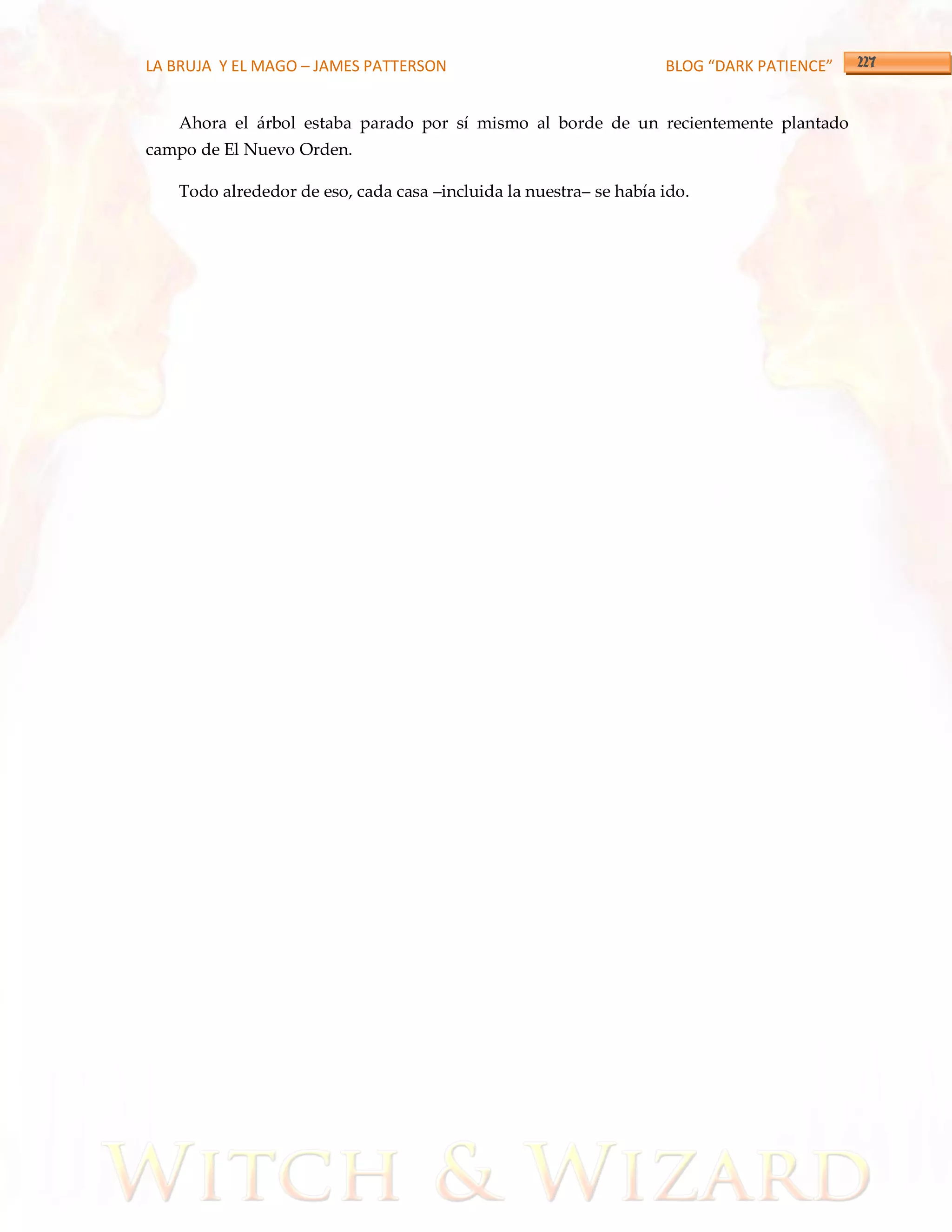 LA BRUJA Y EL MAGO – JAMES PATTERSON                               BLOG “DARK PATIENCE”


   Ahora el árbol estaba parado por sí mismo al borde de un recientemente plantado
campo de El Nuevo Orden.

   Todo alrededor de eso, cada casa –incluida la nuestra– se había ido.
 