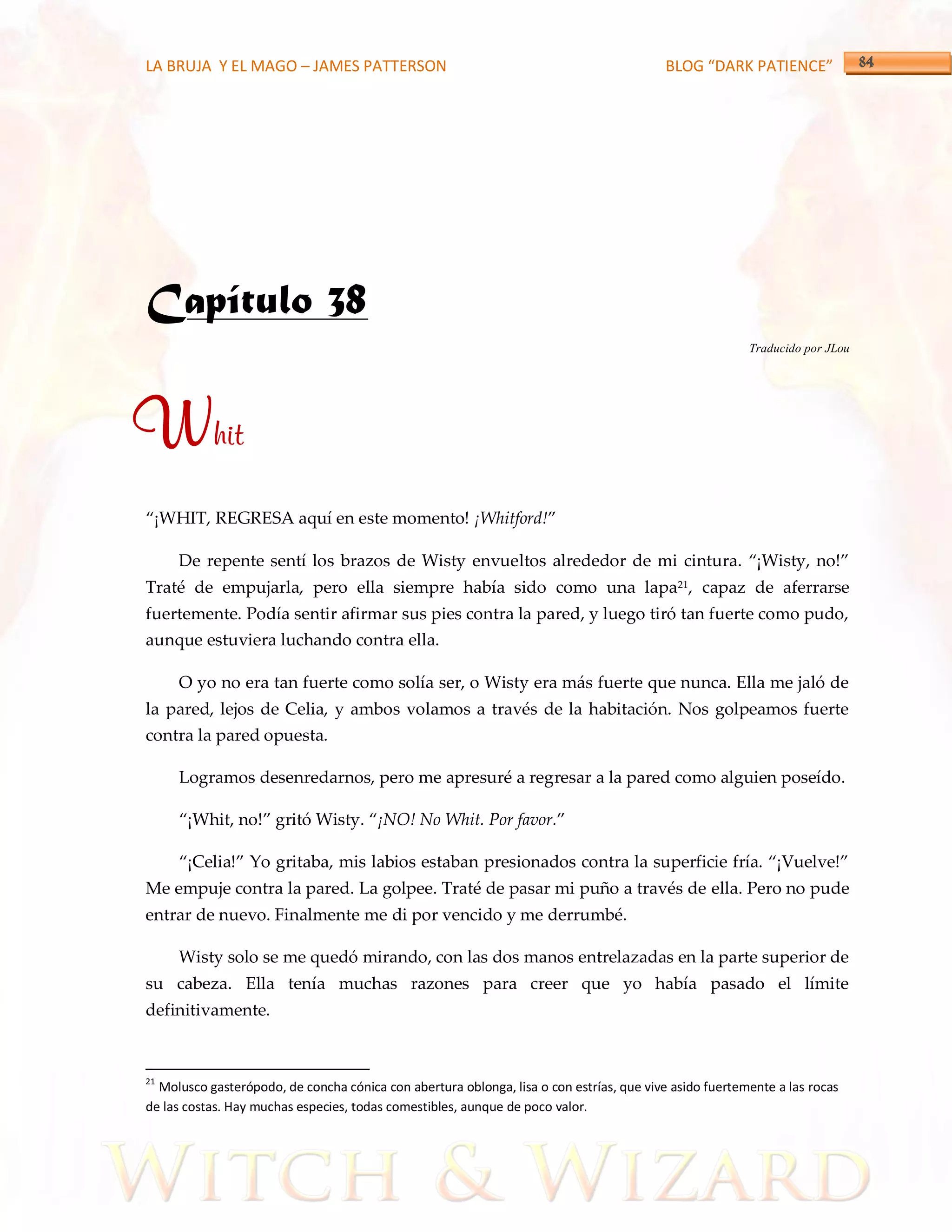 LA BRUJA Y EL MAGO – JAMES PATTERSON                                                      BLOG “DARK PATIENCE”




Capítulo 38
                                                                                                        Traducido por JLou




Whit
‚¡WHIT, REGRESA aquí en este momento! ¡Whitford!‛

     De repente sentí los brazos de Wisty envueltos alrededor de mi cintura. ‚¡Wisty, no!‛
Traté de empujarla, pero ella siempre había sido como una lapa21, capaz de aferrarse
fuertemente. Podía sentir afirmar sus pies contra la pared, y luego tiró tan fuerte como pudo,
aunque estuviera luchando contra ella.

     O yo no era tan fuerte como solía ser, o Wisty era más fuerte que nunca. Ella me jaló de
la pared, lejos de Celia, y ambos volamos a través de la habitación. Nos golpeamos fuerte
contra la pared opuesta.

     Logramos desenredarnos, pero me apresuré a regresar a la pared como alguien poseído.

     ‚¡Whit, no!‛ gritó Wisty. ‚¡NO! No Whit. Por favor.‛

     ‚¡Celia!‛ Yo gritaba, mis labios estaban presionados contra la superficie fría. ‚¡Vuelve!‛
Me empuje contra la pared. La golpee. Traté de pasar mi puño a través de ella. Pero no pude
entrar de nuevo. Finalmente me di por vencido y me derrumbé.

     Wisty solo se me quedó mirando, con las dos manos entrelazadas en la parte superior de
su cabeza. Ella tenía muchas razones para creer que yo había pasado el límite
definitivamente.



21
  Molusco gasterópodo, de concha cónica con abertura oblonga, lisa o con estrías, que vive asido fuertemente a las rocas
de las costas. Hay muchas especies, todas comestibles, aunque de poco valor.
 