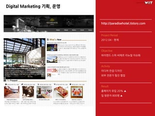 Digital Marketing 기획, 운영


                           http://paradisehotel.tistory.com


                           Project Period
                           2012.04 – 현재



                           Objective
                           하이엔드 스파 씨메르 리뉴얼 이슈화



                           Activity
                           미디어 컨셉 디자인
                           외부 전문가 필진 협업



                           Result
                           홈페이지 유입 20% ▲
                           일 방문자 800명 ▲
 