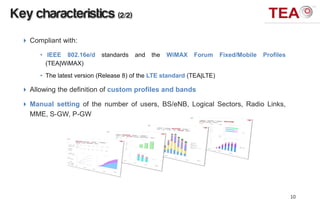 Key characteristics (2/2)
   Compliant with:

       • IEEE 802.16e/d     standards   and   the   WiMAX    Forum      Fixed/Mobile   Profiles
         (TEA|WiMAX)

       • The latest version (Release 8) of the LTE standard (TEA|LTE)

   Allowing the definition of custom profiles and bands

   Manual setting of the number of users, BS/eNB, Logical Sectors, Radio Links,
    MME, S-GW, P-GW




                                                                                                  10
 