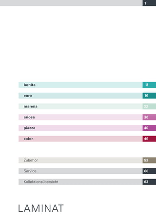 1




bonita                     8

euro                   16

marena                 22

ariosa                 36

piazza                 40

color                  46




Zubehör                52

Service                60

Kollektionsübersicht   63




LAMINAT
 