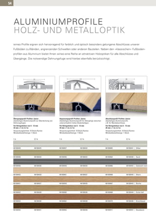 54




     ALUMINIUMPROFILE
     HOLZ- UND METALLOPTIK
     wineo Profile eignen sich hervorragend für farblich und optisch besonders gelungene Abschlüsse unserer
     Fußböden zu Wänden, angrenzenden Schwellen oder anderen Bauteilen. Neben den »klassischen« Fußboden-
     profilen aus Aluminium bietet Ihnen wineo eine Reihe an attraktiven Holzoptiken für alle Abschlüsse und
     Übergänge. Die notwendige Dehnungsfuge wird hierbei ebenfalls berücksichtigt.




     Übergangsprofil Profitec Junior                    Anpassungsprofil Profitec Junior                      Abschlussprofil Profitec Junior
     Zweiteiliges Aluminiumprofil zur Überdeckung von   Zweiteiliges Aluminiumprofil für Übergänge zwischen   Zweiteiliges Aluminiumprofil,
     Dehnungsfugen.                                     unterschiedlich hohen Bodenbelägen.                   z.B. für Wandabschlüsse.
     Für Belagstärken von 6 - 12 mm                     Für Belagstärken von 6 - 12 mm                        Für Belagstärken von 6 - 12 mm
     33 mm × 1 m | 2,7 m                                44 mm × 1 m | 2,7 m                                   26 mm × 1 m | 2,7 m
     Verpackungseinheit: 10 Stück/Karton                Verpackungseinheit: 10 Stück/Karton                   Verpackungseinheit: 10 Stück/Karton
     Mindestbestellmenge: 1 Stück                       Mindestbestellmenge: 1 Stück                          Mindestbestellmenge: 1 Stück


     1m                       2,7 m                     1m                       2,7 m                        1m                        2,7 m



     48100449                 48100425                  48100457                 48100433                     48100465                  48100441 | Silber



     48100448                 48100424                  48100456                 48100432                     48100464                  48100440 | Sand



     48100450                 48100426                  48100458                 48100434                     48100466                  48100442 | Edelstahl matt



     48100453                 48100429                  48100461                 48100437                     48100469                  48100445 | Ahorn



     48100451                 48100427                  48100459                 48100435                     48100467                  48100443 | Buche



     48100452                 48100428                  48100460                 48100436                     48100468                  48100444 | Eiche hell



     48100454                 48100430                  48100462                 48100438                     48100470                  48100446 | Kirschbaum



     48100455                 48100431                  48100463                 48100439                     48100471                  48100447 | Nussbaum
 