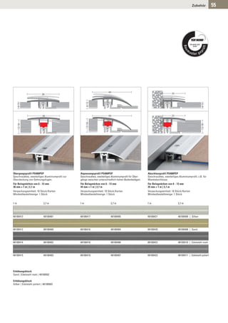 Zubehör           55




Übergangsprofil PS400PEP                         Anpassungsprofil PS400PEP                              Abschlussprofil PS400PEP
Geschraubtes, zweiteiliges Aluminiumprofil zur   Geschraubtes, zweiteiliges Aluminiumprofil für Über-   Geschraubtes, zweiteiliges Aluminiumprofil, z.B. für
Überdeckung von Dehnungsfugen.                   gänge zwischen unterschiedlich hohen Bodenbelägen.     Wandabschlüsse.
Für Belagstärken von 6 - 13 mm                   Für Belagstärken von 6 - 13 mm                         Für Belagstärken von 6 - 13 mm
36 mm × 1 m | 2,7 m                              44 mm × 1 m | 2,7 m                                    25 mm × 1 m | 2,7 m
Verpackungseinheit: 10 Stück/Karton              Verpackungseinheit: 10 Stück/Karton                    Verpackungseinheit: 10 Stück/Karton
Mindestbestellmenge: 1 Stück                     Mindestbestellmenge: 1 Stück                           Mindestbestellmenge: 1 Stück


1m                          2,7 m                1m                        2,7 m                        1m                        2,7 m



48100413                    48100401             48100417                  48100405                     48100421                  48100409 | Silber



48100412                    48100400             48100416                  48100404                     48100420                  48100408 | Sand



48100414                    48100402             48100418                  48100406                     48100422                  48100410 | Edelstahl matt



48100415                    48100403             48100419                  48100407                     48100423                  48100411 | Edelstahl poliert




Erhöhungsblock
Sand | Edelstahl matt | 48100502

Erhöhungsblock
Silber | Edelstahl poliert | 48100503
 