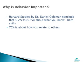    Harvard Studies by Dr. Daniel Goleman conclude
    that success is 25% about what you know…hard
    skills.
   75% is about how you relate to others
 