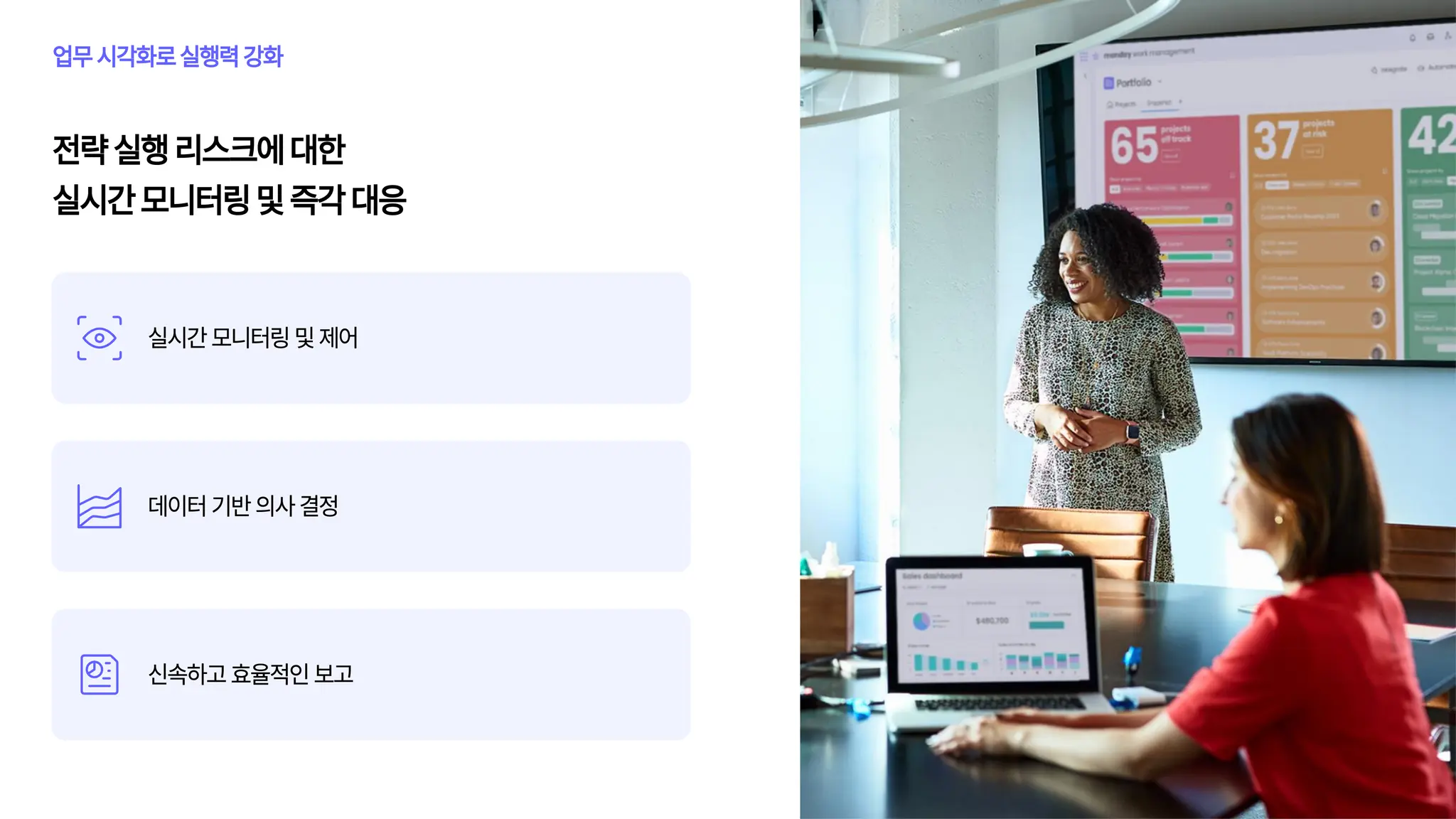 전략 실행 리스크에 대한
실시간 모니터링 및 즉각 대응
업무 시각화로 실행력 강화
실시간 모니터링 및 제어
데이터 기반 의사 결정
신속하고 효율적인 보고
 