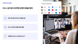 리소스 낭비 없이 프로젝트 운영의 효율성 증대
탁월한 운영 효율성
공유 작업 공간으로 부서 간 협업 개선
리소스 관리로 인재를 최대한 활용
자동화와 AI로 더 스마트하게 일하기
 