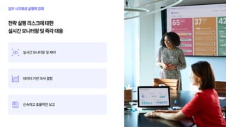 전략 실행 리스크에 대한
실시간 모니터링 및 즉각 대응
업무 시각화로 실행력 강화
실시간 모니터링 및 제어
데이터 기반 의사 결정
신속하고 효율적인 보고
 