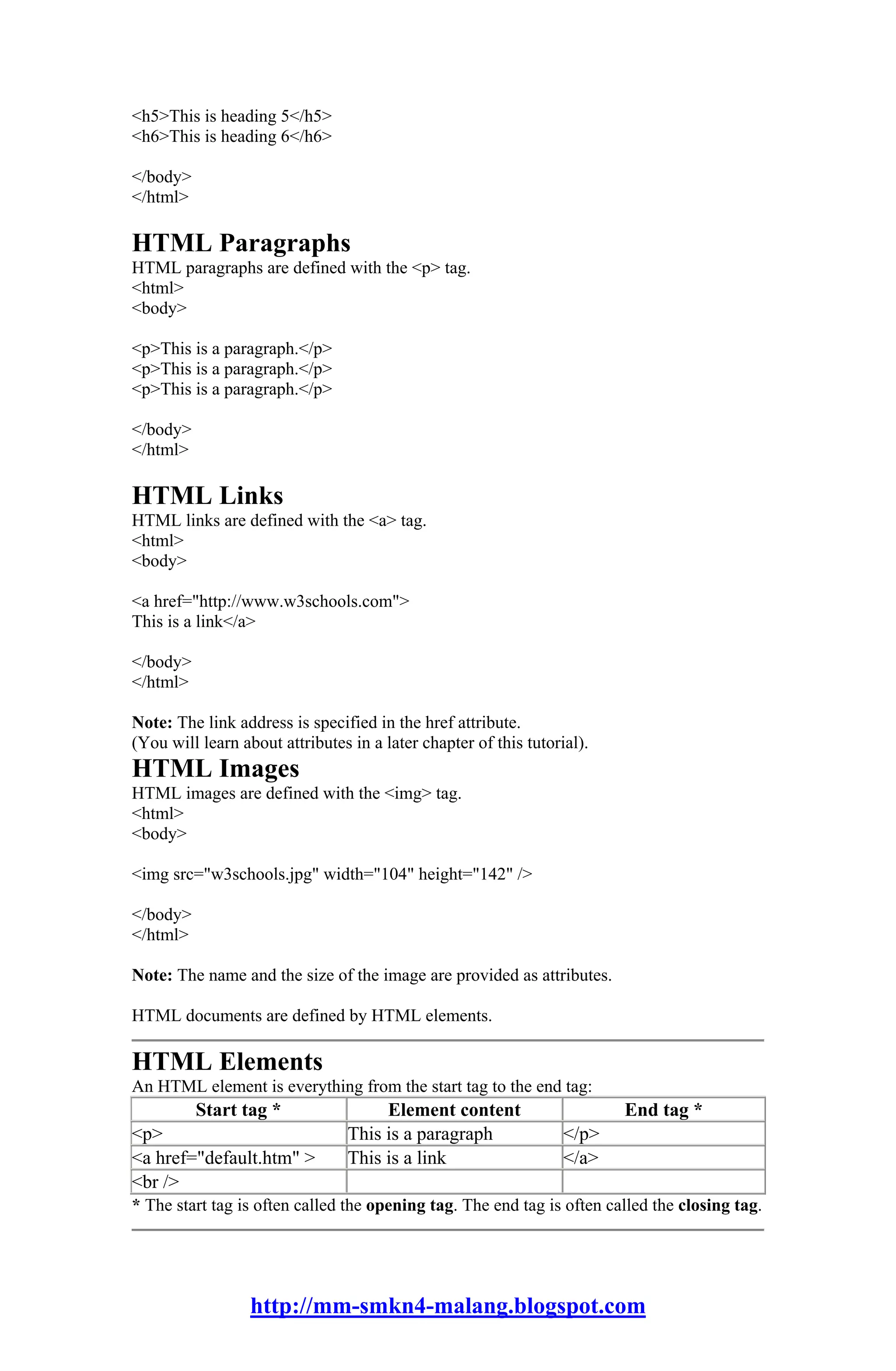<h5>This is heading 5</h5>
<h6>This is heading 6</h6>

</body>
</html>

HTML Paragraphs
HTML paragraphs are defined with the <p> tag.
<html>
<body>

<p>This is a paragraph.</p>
<p>This is a paragraph.</p>
<p>This is a paragraph.</p>

</body>
</html>

HTML Links
HTML links are defined with the <a> tag.
<html>
<body>

<a href="http://www.w3schools.com">
This is a link</a>

</body>
</html>

Note: The link address is specified in the href attribute.
(You will learn about attributes in a later chapter of this tutorial).
HTML Images
HTML images are defined with the <img> tag.
<html>
<body>

<img src="w3schools.jpg" width="104" height="142" />

</body>
</html>

Note: The name and the size of the image are provided as attributes.

HTML documents are defined by HTML elements.

HTML Elements
An HTML element is everything from the start tag to the end tag:
          Start tag *                 Element content                    End tag *
<p>                              This is a paragraph              </p>
<a href="default.htm" >          This is a link                   </a>
<br />
* The start tag is often called the opening tag. The end tag is often called the closing tag.




                  http://mm-smkn4-malang.blogspot.com
 