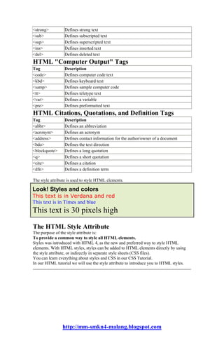 <strong>         Defines strong text
<sub>            Defines subscripted text
<sup>            Defines superscripted text
<ins>            Defines inserted text
<del>            Defines deleted text
HTML "Computer Output" Tags
Tag              Description
<code>           Defines computer code text
<kbd>            Defines keyboard text
<samp>           Defines sample computer code
<tt>             Defines teletype text
<var>            Defines a variable
<pre>            Defines preformatted text
HTML Citations, Quotations, and Definition Tags
Tag              Description
<abbr>           Defines an abbreviation
<acronym>        Defines an acronym
<address>        Defines contact information for the author/owner of a document
<bdo>            Defines the text direction
<blockquote>     Defines a long quotation
<q>              Defines a short quotation
<cite>           Defines a citation
<dfn>            Defines a definition term

The style attribute is used to style HTML elements.

Look! Styles and colors
This text is in Verdana and red
This text is in Times and blue
This text is 30 pixels high
The HTML Style Attribute
The purpose of the style attribute is:
To provide a common way to style all HTML elements.
Styles was introduced with HTML 4, as the new and preferred way to style HTML
elements. With HTML styles, styles can be added to HTML elements directly by using
the style attribute, or indirectly in separate style sheets (CSS files).
You can learn everything about styles and CSS in our CSS Tutorial.
In our HTML tutorial we will use the style attribute to introduce you to HTML styles.




                http://mm-smkn4-malang.blogspot.com
 