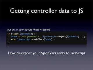 Getting controller data to JS

(put this in your layouts <head> section)




 How to export your $jsonVars array to JavaSc...