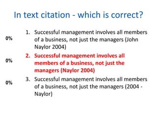 In text citation - which is correct?
0%
0%
0%
1. Successful management involves all members
of a business, not just the managers (John
Naylor 2004)
2. Successful management involves all
members of a business, not just the
managers (Naylor 2004)
3. Successful management involves all members
of a business, not just the managers (2004 -
Naylor)
 