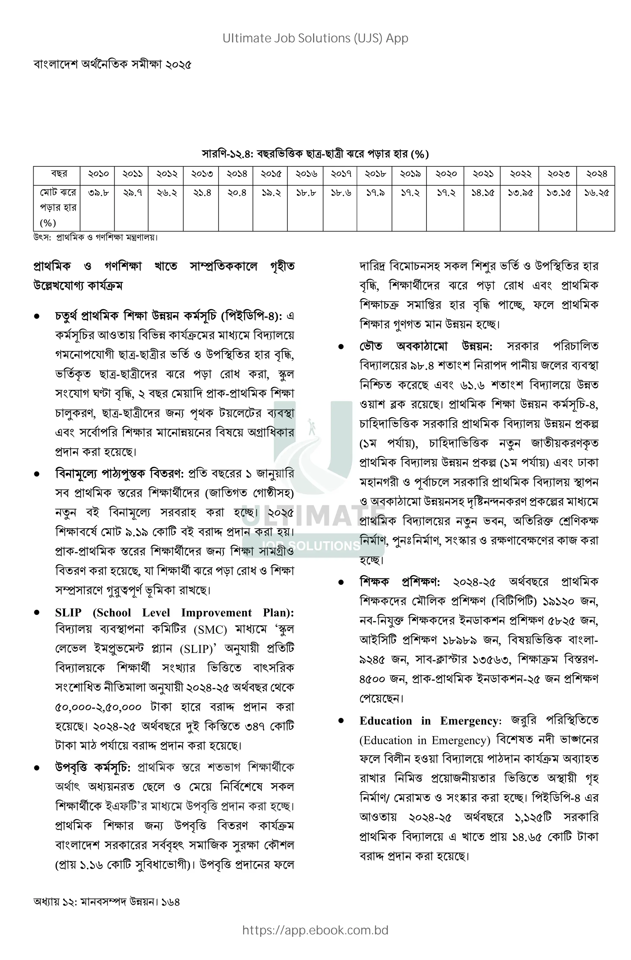 : । 164
-•?.A: 9 8 _ 9 7-9 7L ¤ -N (%)
9 ?@•@ ?@•• ?@•? ?@•… ?@•A ?@•B ?@•F ?@•‚ ?@•ˆ ?@•E ?@?@ ?@?• ?@?? ?@?… ?@?A
( C ¤
-N
(%)
…E.ˆ ?E.‚ ?F.? ?•.A ?@.A •E.? •ˆ.ˆ •ˆ.F •‚.E •‚.? •‚.? •A.•B •….EB •….•B •F.?B
Ž : ) U • ।
) U > ! ¥ !  L!
p> % X %$
 16) ) [ 1 ( -Q ~ --A): &
[ 1 < ! 8 %$ ]
U - % UL 9 7-9 7L 8 ! - ! " #,
8 !œ! 9 7-9 7L ¤ -N ( Z , ž
G % U `a " #, ? 9 ( - )
1 ¦ , 9 7-9 7L +, §) C C R
& G - g Z
9।
 ; K - ¨eS ! : ! 9 • +
) S ){ (+ !U! (U rL )
6 Q ; K u। ?@?B
( C E.•E ( ' Q Œ ।
- ) S ){ +, gL
! 9, % ){ ¤ -N ( Z
¥ 345£ Š > 9।
 SLIP (School Level Improvement Plan):
] R - ' (SMC) ‘ž
( 8 Q ª8 « c (SLIP)’ % L !'
] ){ Gf 8 _ ! Ž
G Z! L ! % L ?@?A-?B ) 9 ()
B@,@@@-?,B@,@@@ C Œ
9। ?@?A-?B ) 9 vQ S ! …A‚ ( '
C • -% Œ 9।
 -" _ [ 1: ) S !8 U ){
) Ž ! (9 (
){ Q&i'’ -" _ u।
) +, -" _ ! %$
G " Ž + T ( ›
( •.•F ( ' T Z 8 UL)। -" _ i
„ 1 M 8 ! - !
" #, ){ ¤ -N ( Z & G )
1$ ‘ " # - u, i )
3 U! u।
 (8›! • : - 1 !
] Eˆ.A ! G - - L + R
^! 9 & G F•.F ! G ] !
- 9। ) [ 1-A,
1 8 _ ) ] b
(• -% ), 1 8 _ 6 + !L œ!
) ] b (• -% ) & G ®
U L £ 1 ) ] -
• ¯ W ° b
) ] 6 8 , ! I (P
, e w , Gz +
u।
 : ?@?A-?B ) 9 )
( › ( ' -') •E•?@ + ,
- JI Q ~ Bˆ?B + ,
<Q ' •ˆEˆE + , 8 _ G -
E?AB + , -± ² •…BF…, $ S -
AB@@ + , - ) Q ~ -?B +
(- 9 ।
 Education in Emergency: +4 - ! !
(Education in Emergency) ! L 8 “
i L ] - • %$ R !
> _ + L ! 8 _ ! L 
/ ( ! G³ u। -Q ~ --A &
< ! ?@?A-?B ) 9 •,•?B'
) ] & > ! •A.FB ( ' C
Œ 9।
Ultimate Job Solutions (UJS) App
https://app.ebook.com.bd
 